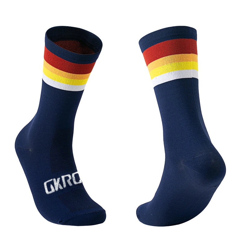 Compression cycling socks, rainbow colorway